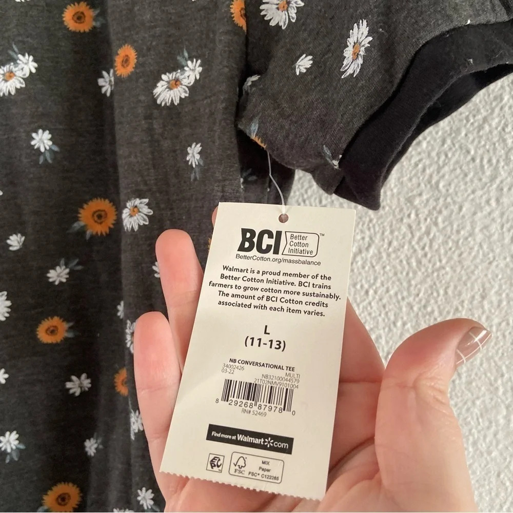 Floral Ringer Tee Charcoal Short Sleeve Girls Juniors Crop Large (11-13) NEW - Picture 9 of 16